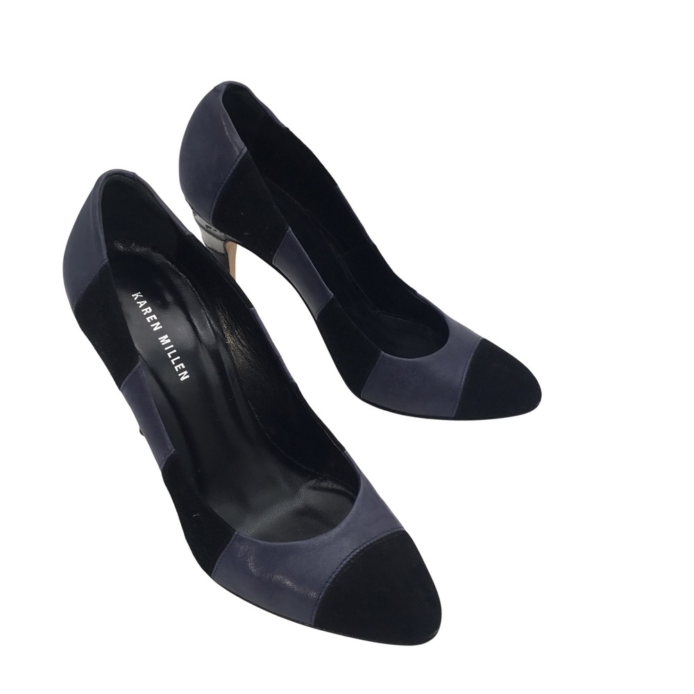 Karen Millen Navy Black Colorblock Suede Leather Striped Heel Pumps‎ Italy 40
